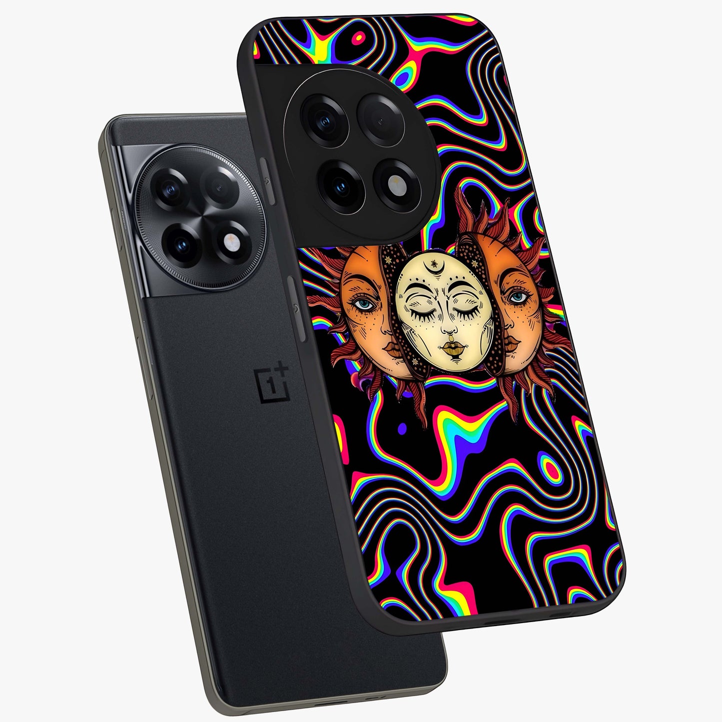 Psychedelic Sun Glass Case for 1+11R angled mockup showcasing glossy finish and bold abstract detailing