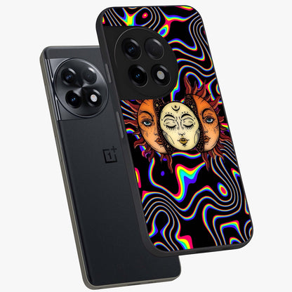 Psychedelic Sun Glass Case for 1+11R angled mockup showcasing glossy finish and bold abstract detailing