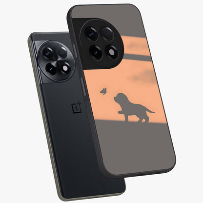 Puppy Shadow Art Glass Case for 1+11R angled mockup showcasing glossy finish and soft shadow detailing