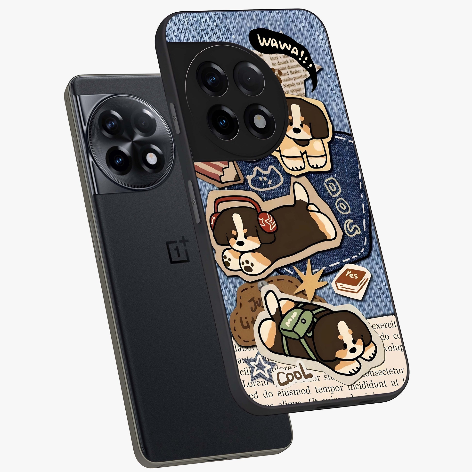 Puppy Sticker Parade Glass Case for 1+11R angled mockup showcasing glossy finish and colorful cartoon detailing