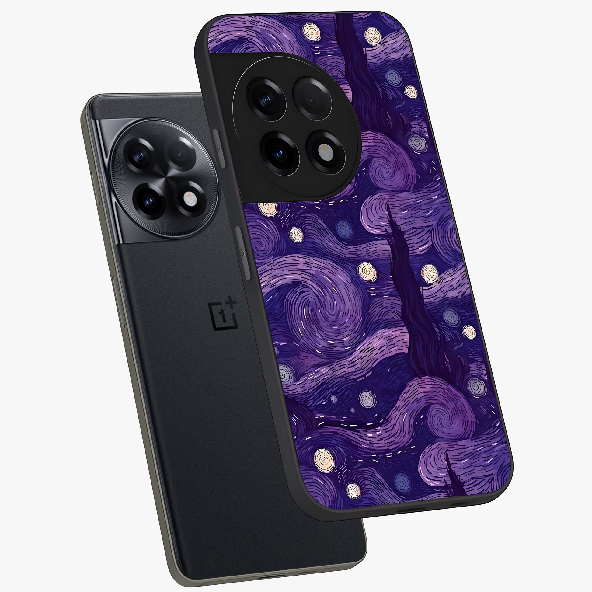 Purple Swirls Glass Case for 1+11R angled mockup showcasing glossy finish and smooth gradient detailing