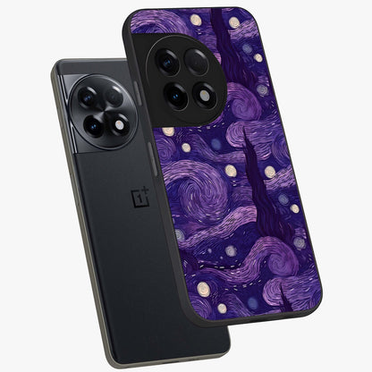 Purple Swirls Glass Case for 1+11R angled mockup showcasing glossy finish and smooth gradient detailing