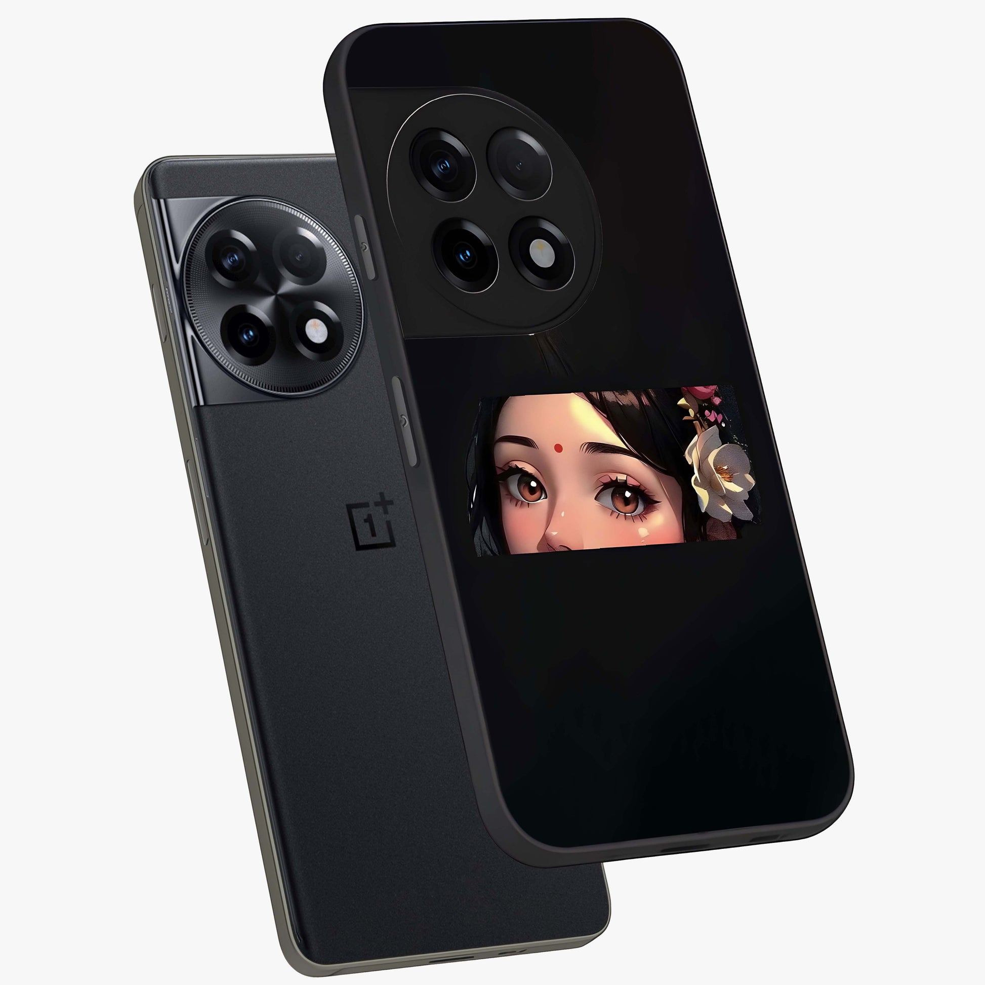 Radha Divine Embrace Glass Case for 1+11R angled mockup showcasing glossy glass finish and vibrant spiritual tones