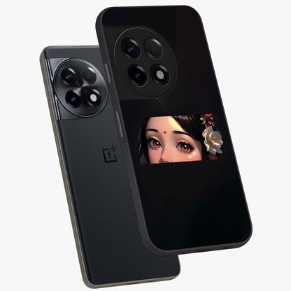 Radha Divine Embrace Glass Case for 1+11R angled mockup showcasing glossy glass finish and vibrant spiritual tones