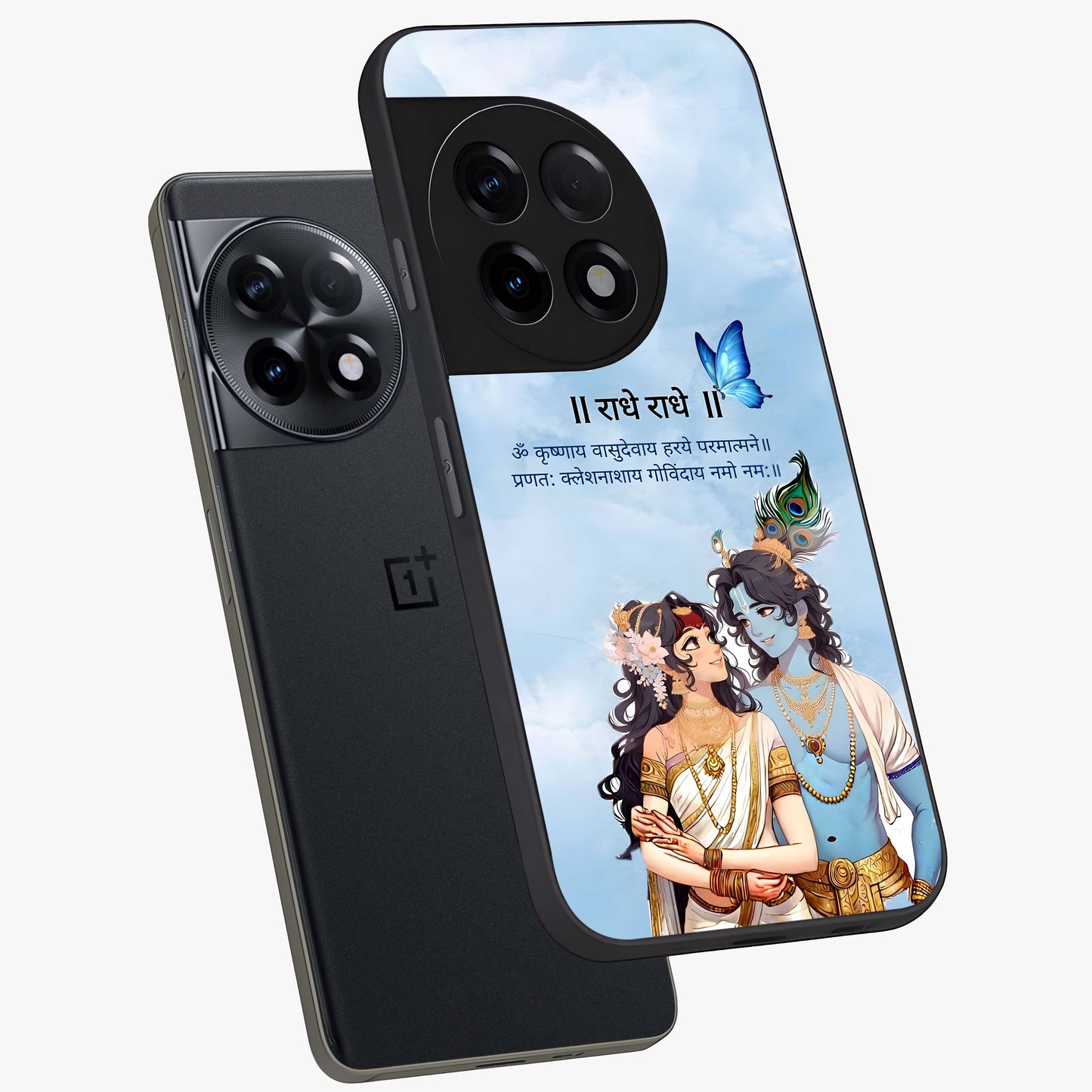 Radha Krishna Eternal Glass Case for 1+11R angled mockup showcasing glossy finish and rich cultural tones