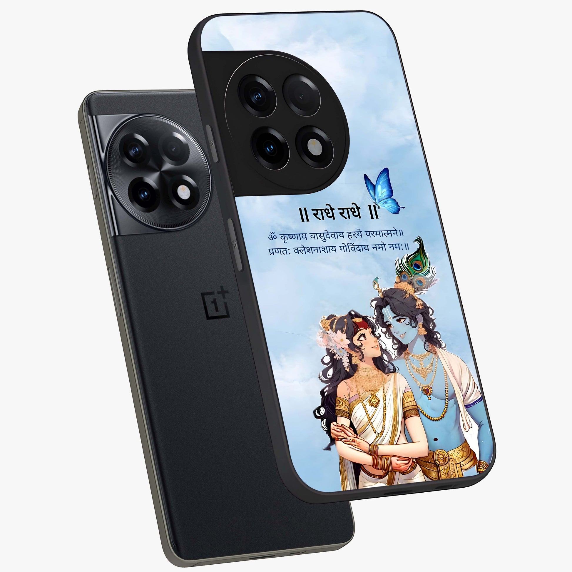 Radha Krishna Eternal Glass Case for 1+11R angled mockup showcasing glossy finish and rich cultural tones