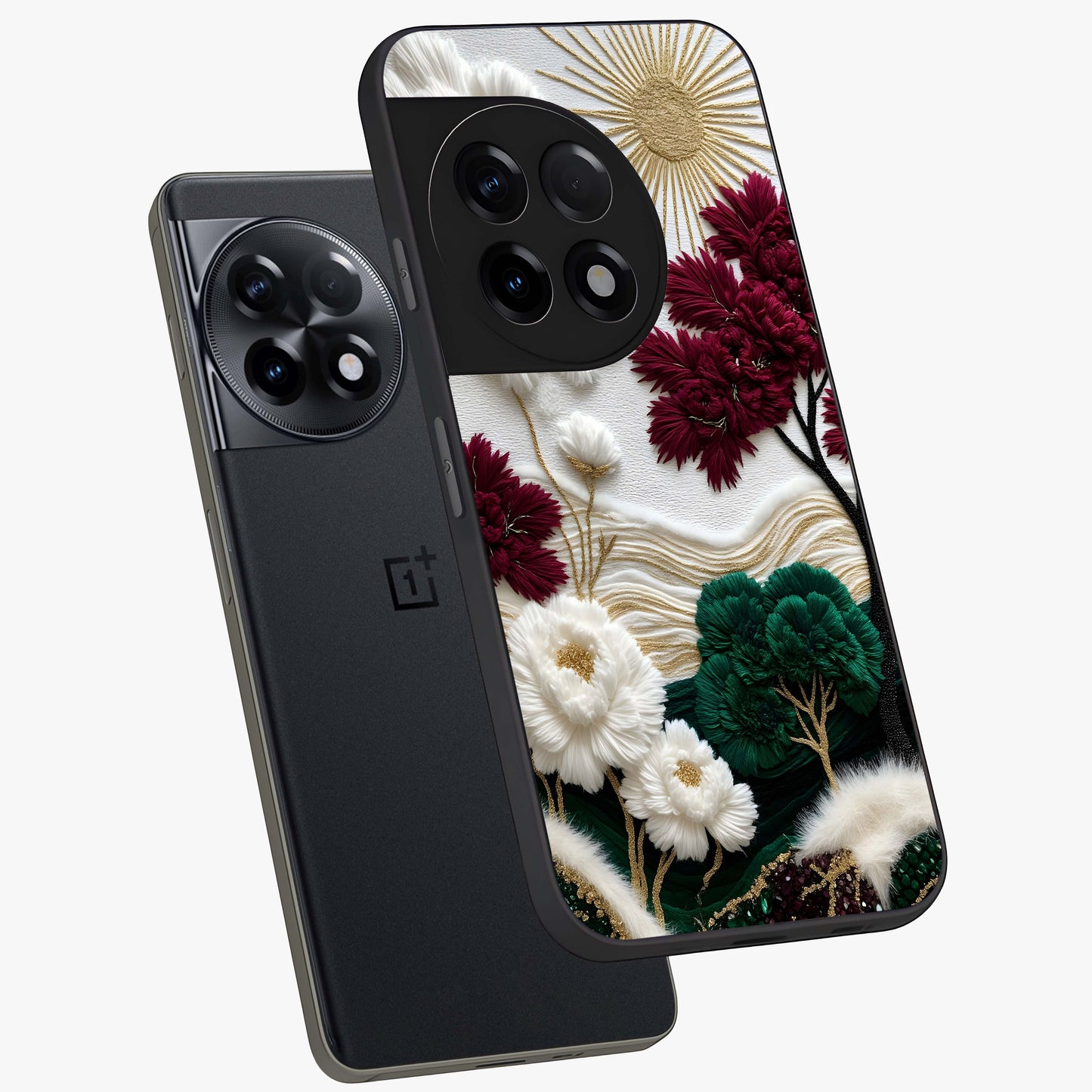 Radiant Bloom Elegance Glass Case for 1+11R angled mockup showcasing glossy finish and refined bloom detailing