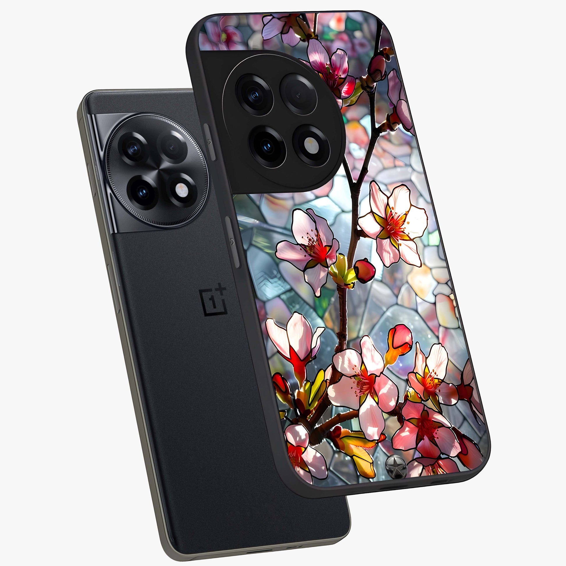 Radiant Bloom Glow Glass Case for 1+11R angled mockup showcasing glossy finish and luminous detailing