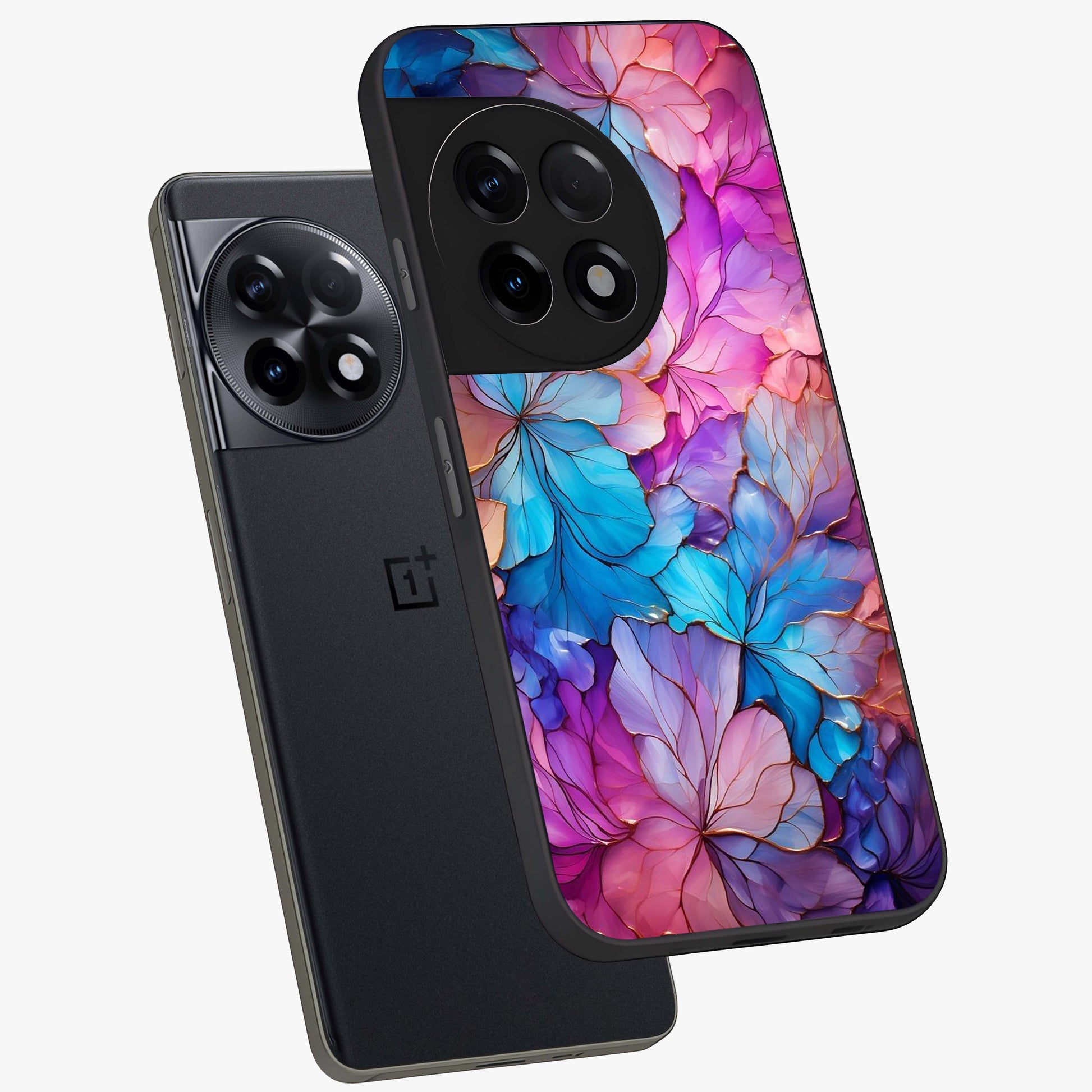 Radiant Floral Whirl Glass Case for 1+11R angled mockup showcasing glossy finish and dynamic bloom tones