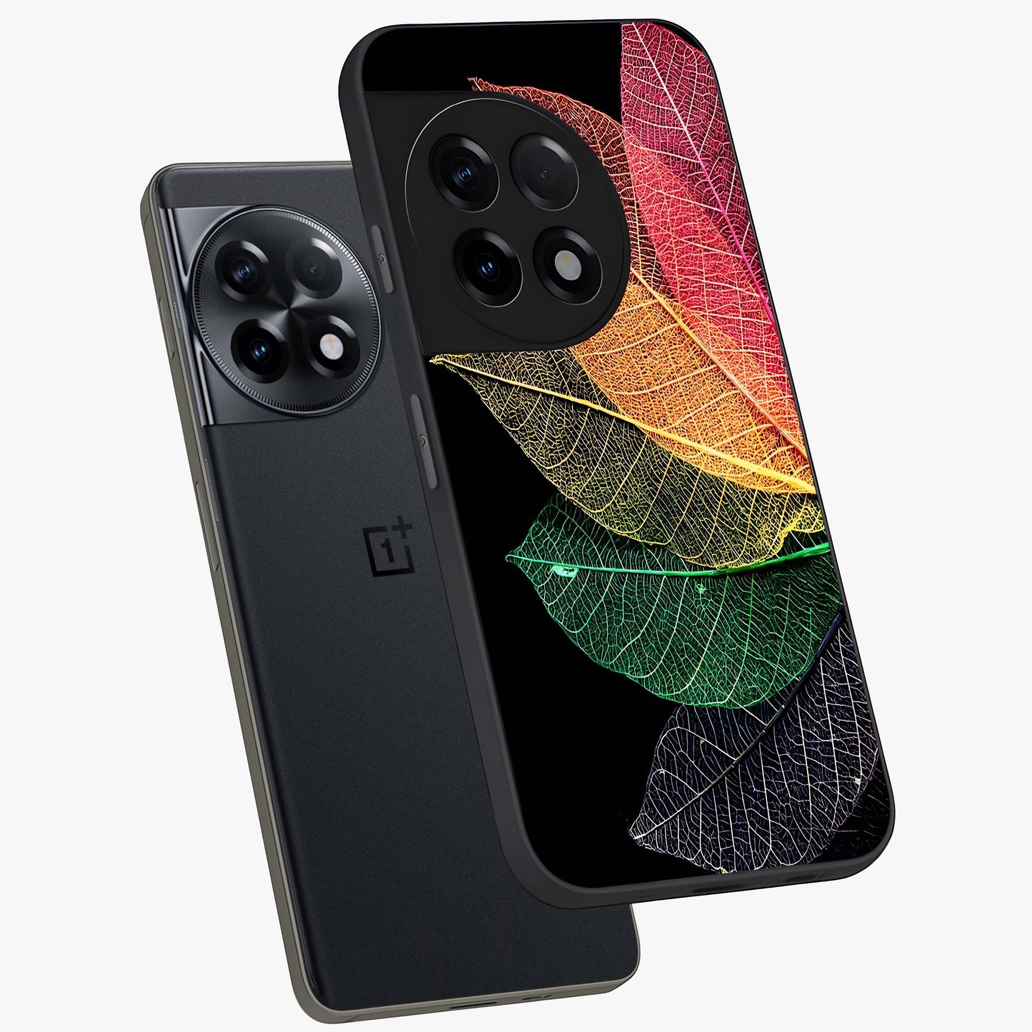 Rainbow Leaf Glow Glass Case for 1+11R angled mockup showcasing glossy finish and radiant gradient tones