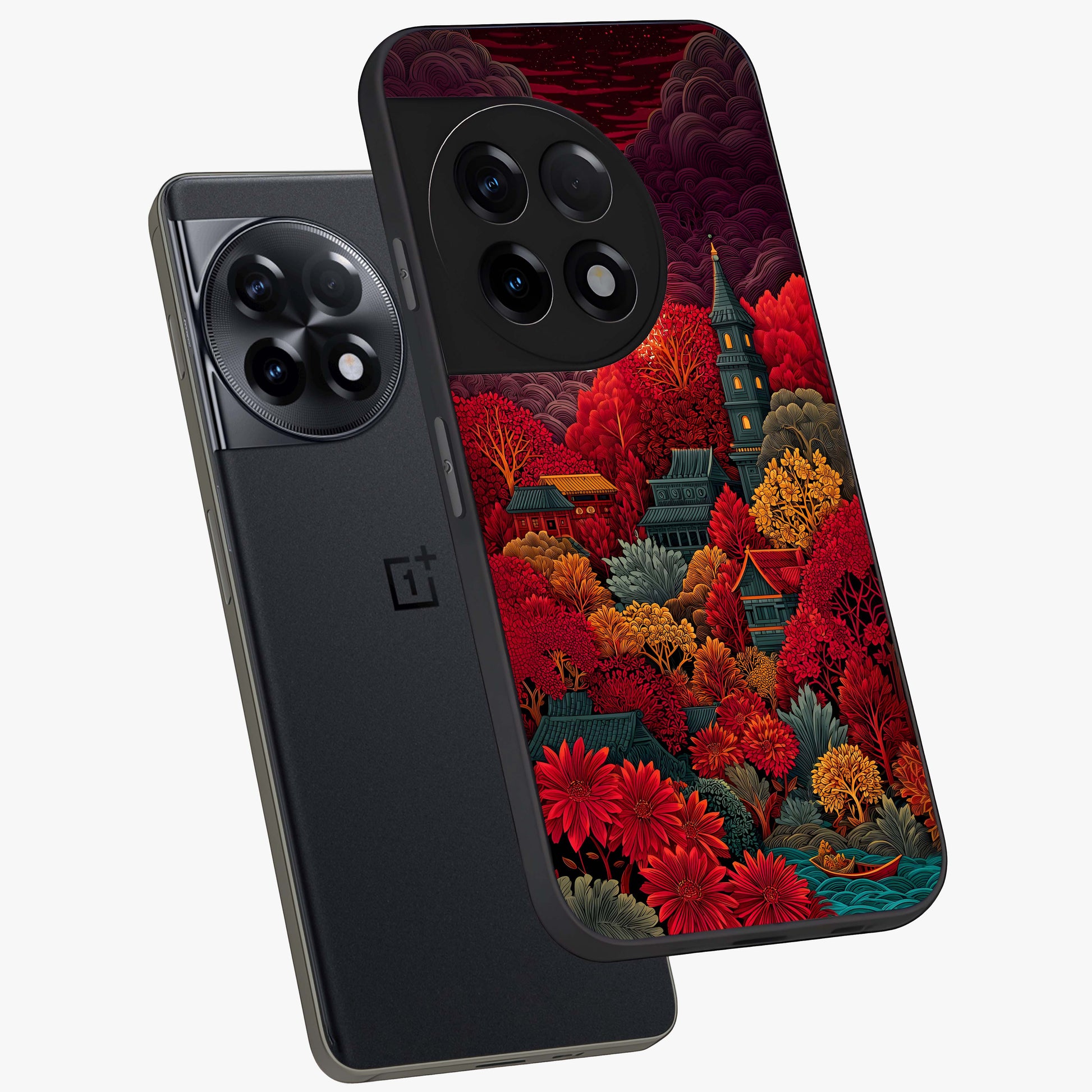 Red Scenery Hot Glass Case for 1+11R angled mockup showcasing glossy finish and intense sunset tones