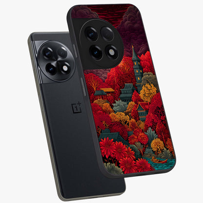 Red Scenery Hot Glass Case for 1+11R angled mockup showcasing glossy finish and intense sunset tones