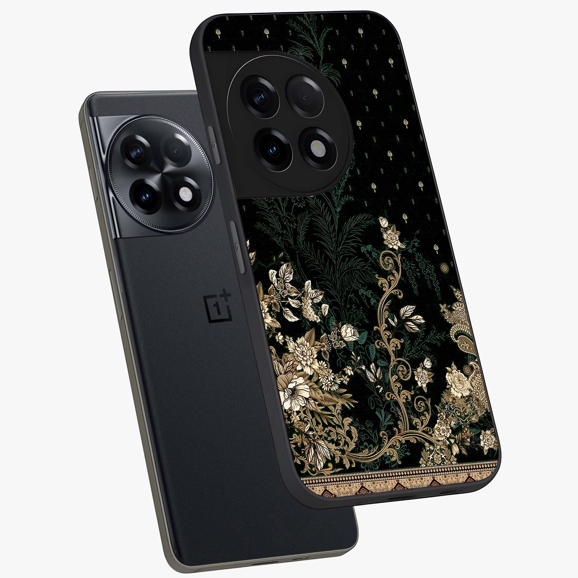 Regal Botanical Tapestry Glass Case for 1+11R angled mockup showcasing glossy finish and rich heritage tones