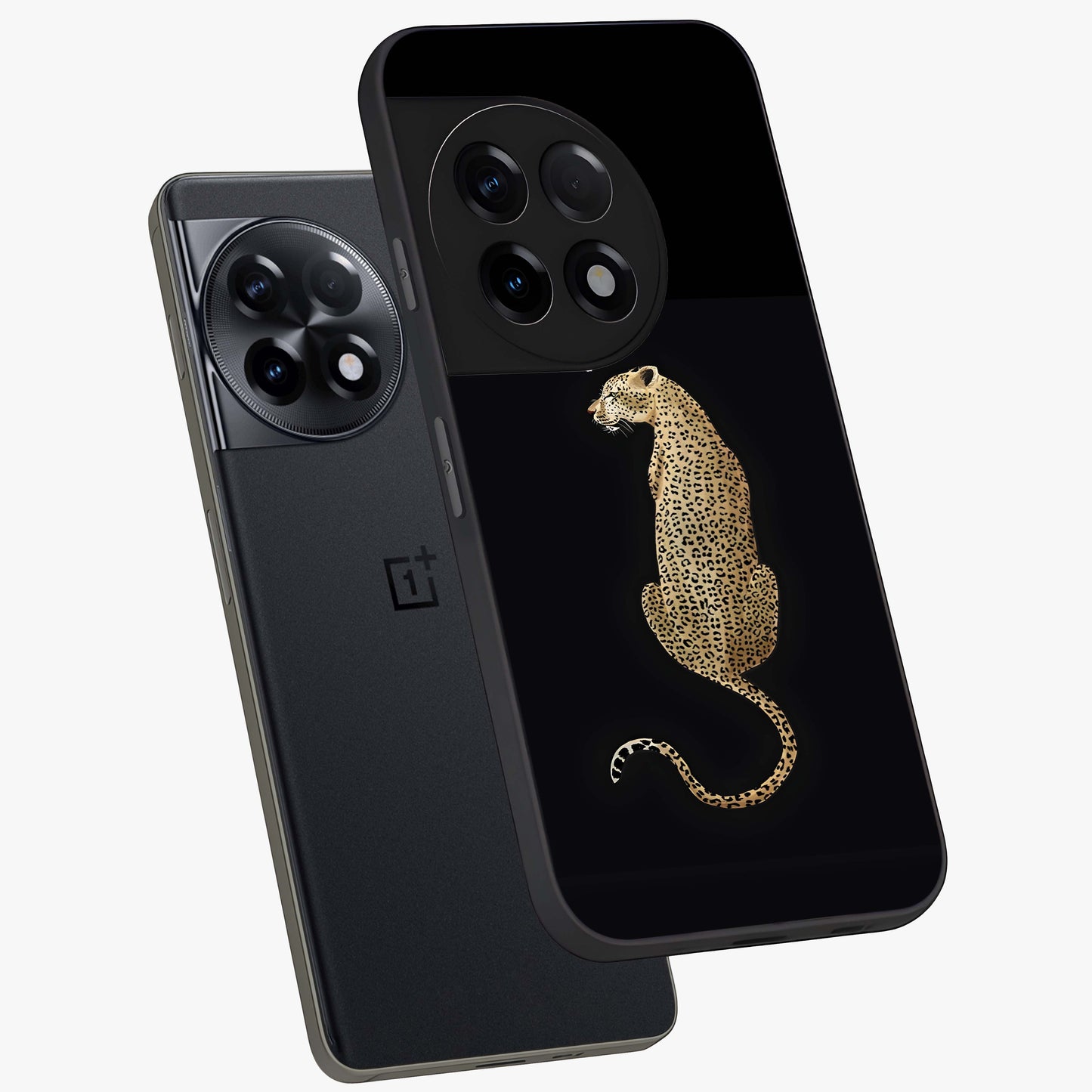 Regal Leopard Glass Case for 1+11R angled mockup showcasing glossy glass finish and detailed animal textures