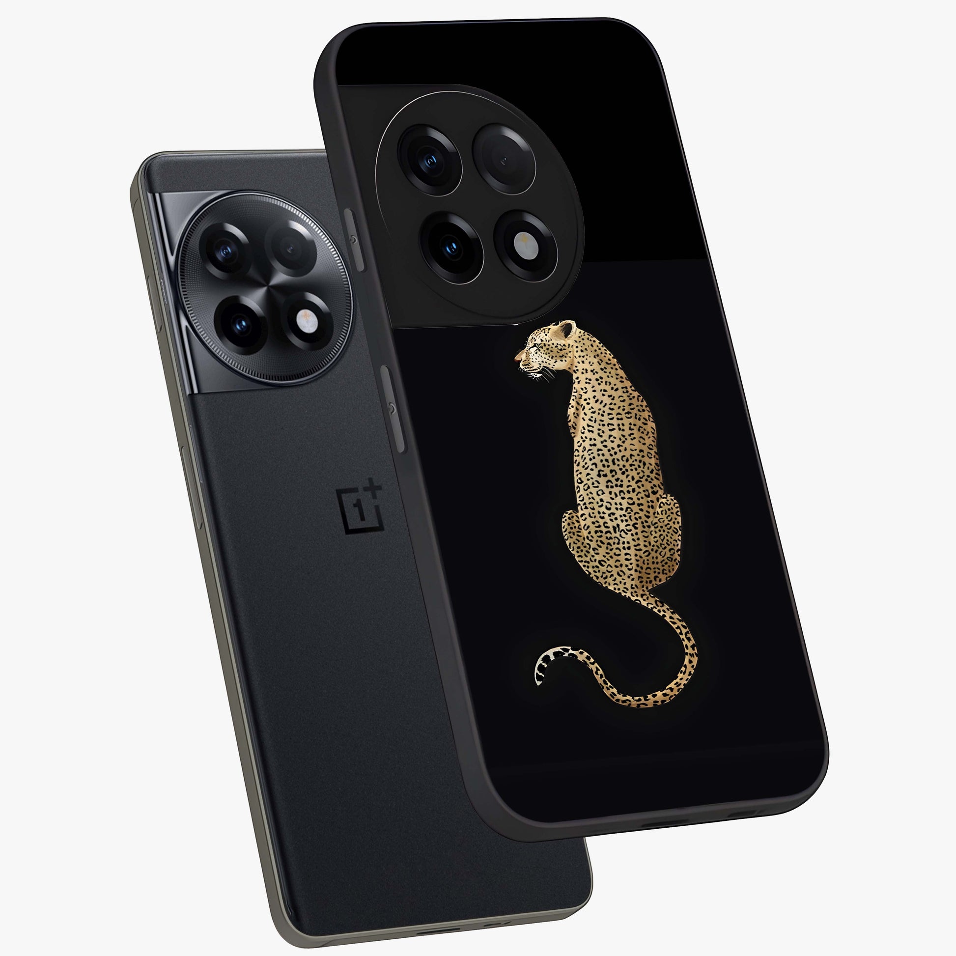 Regal Leopard Glass Case for 1+11R angled mockup showcasing glossy glass finish and detailed animal textures