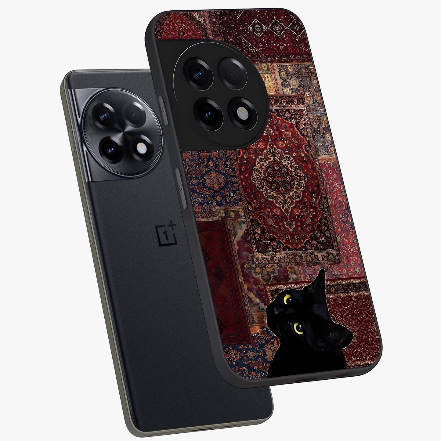 Regal Magic Cat Apple Glass Case for 1+11R angled mockup showcasing glossy finish and vibrant illustration detailing