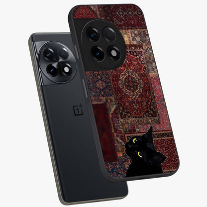 Regal Magic Cat Apple Glass Case for 1+11R angled mockup showcasing glossy finish and vibrant illustration detailing