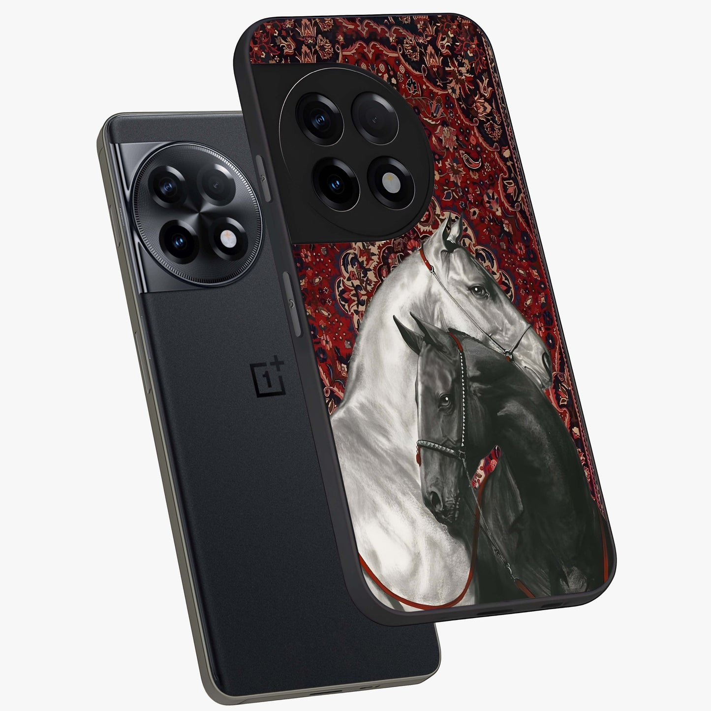 Regal Stallion Tapestry Glass Case for 1+11R angled mockup showcasing glossy finish and rich ornamental tones
