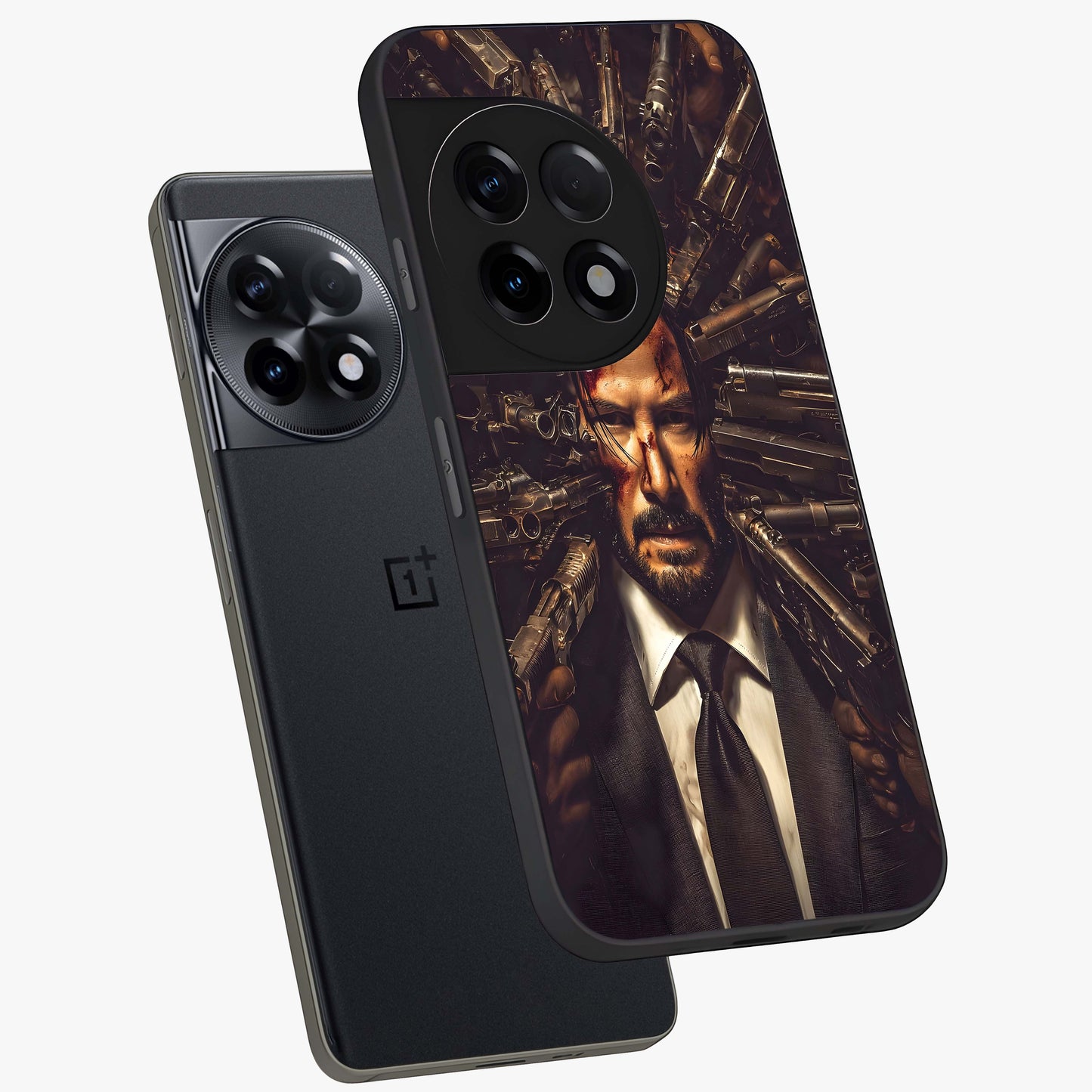 Relentless Shadow Assassin Glass Case for 1+11R angled mockup showcasing glossy finish and dramatic shadow detailing