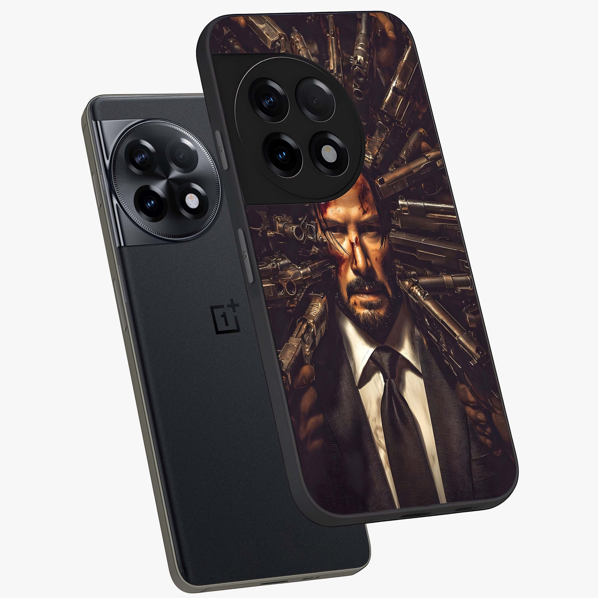 Relentless Shadow Assassin Glass Case for 1+11R angled mockup showcasing glossy finish and dramatic shadow detailing