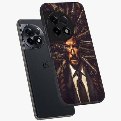 Relentless Shadow Assassin Glass Case for 1+11R angled mockup showcasing glossy finish and dramatic shadow detailing