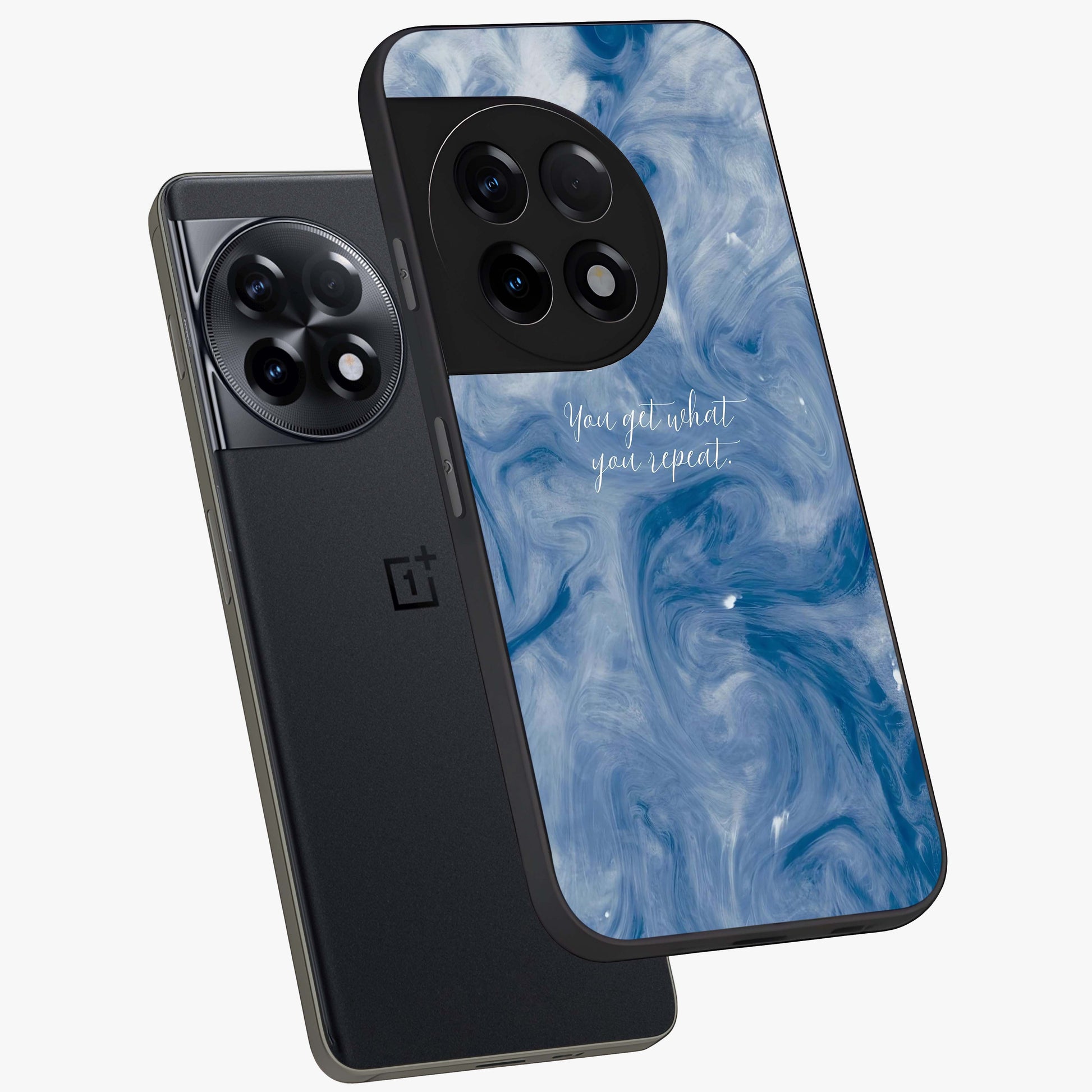 Repeat Your Destiny Glass Case for 1+11R angled mockup showcasing glossy finish and clean modern detailing