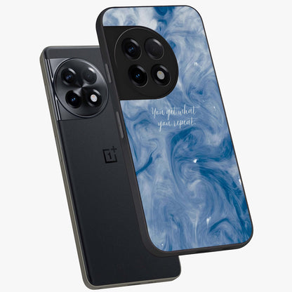 Repeat Your Destiny Glass Case for 1+11R angled mockup showcasing glossy finish and clean modern detailing