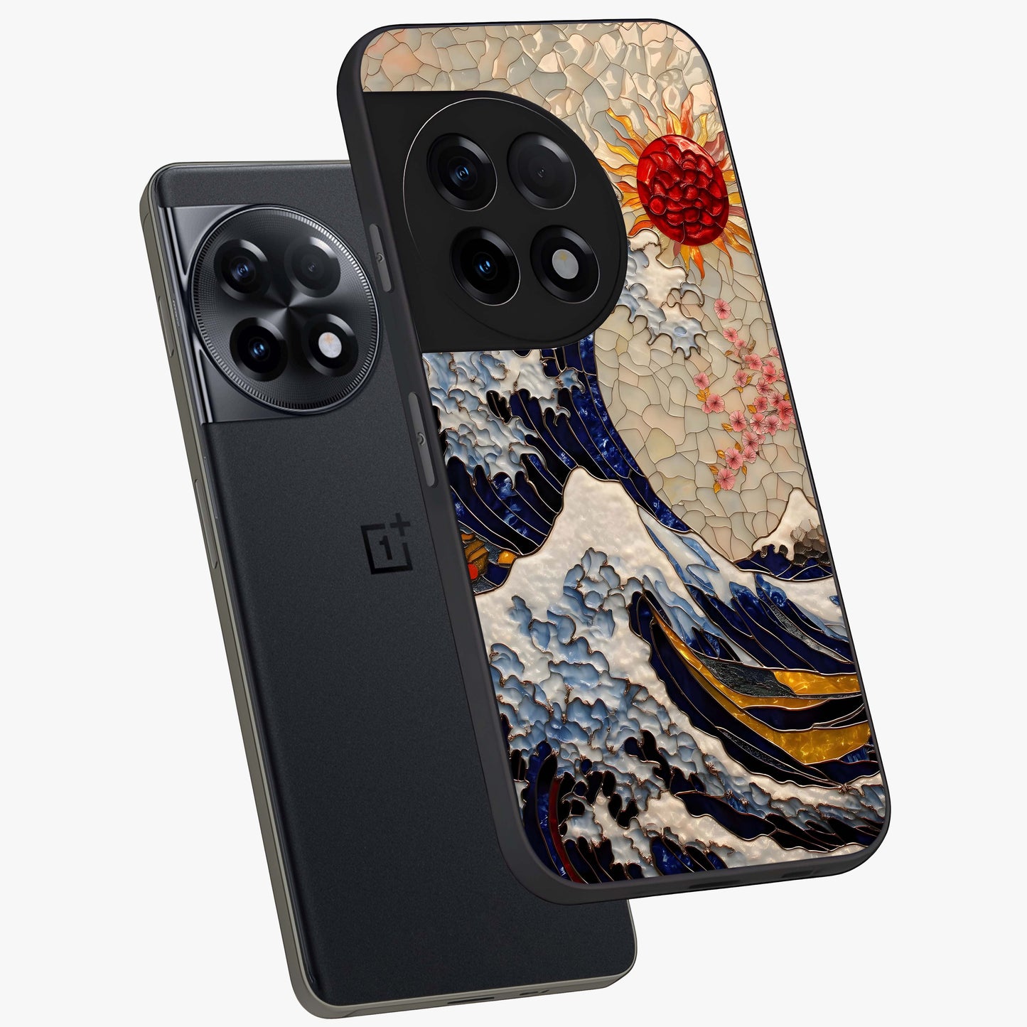 Rising Wave Glory Glass Case for 1+11R angled mockup showcasing glossy finish and bold ocean tones