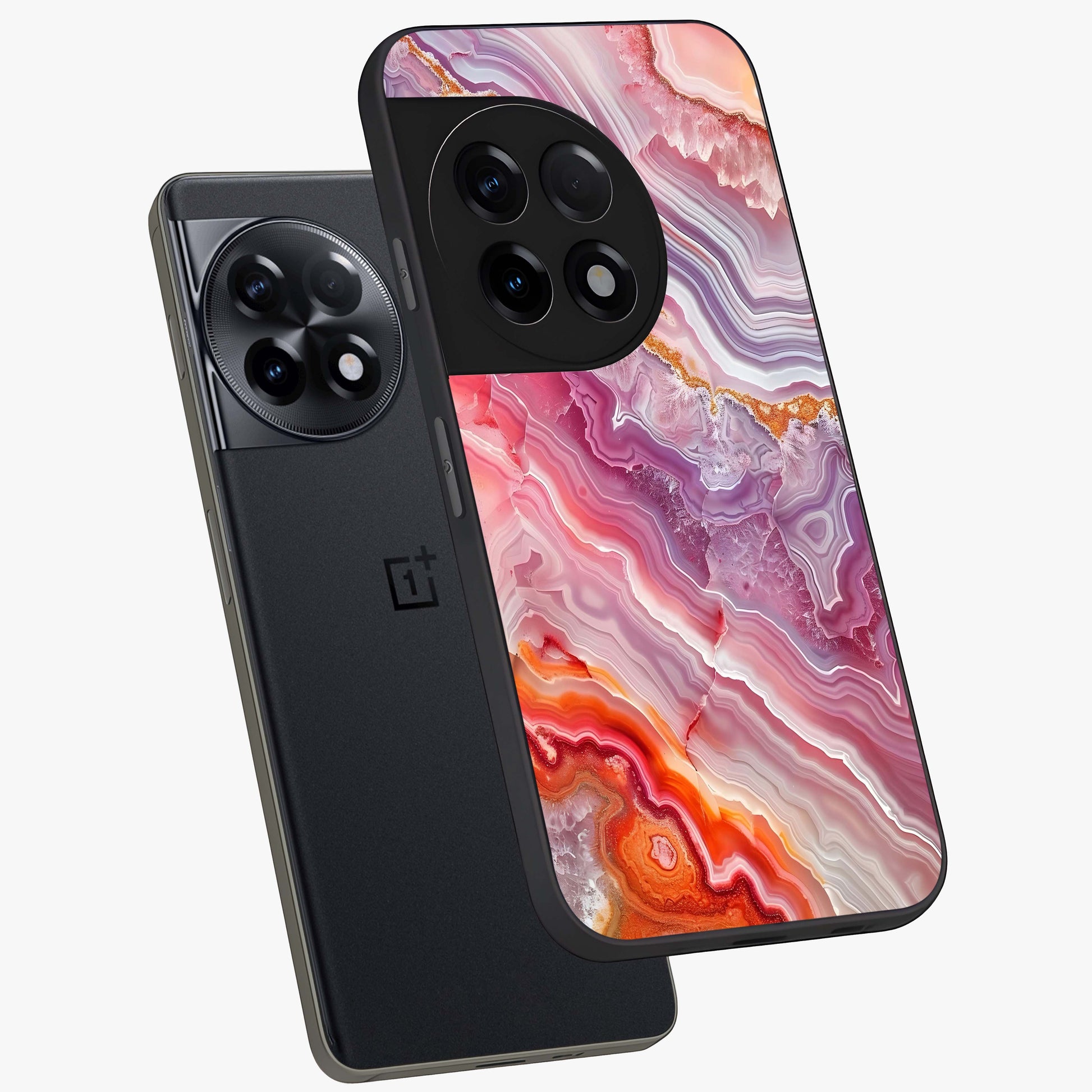 Rose Quartz Marble Glass Case for 1+11R angled mockup showcasing glossy finish and smooth quartz detailing