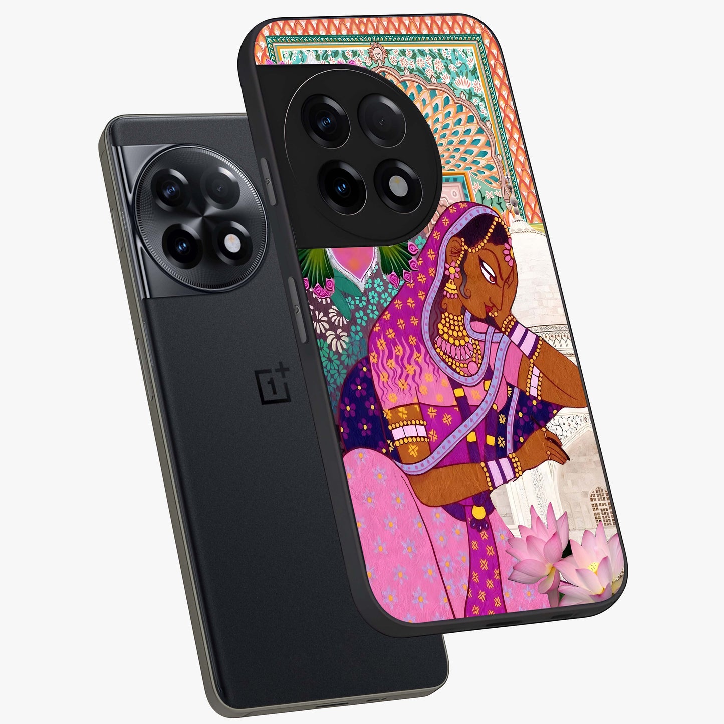 Royal Lotus Muse Glass Case for 1+11R angled mockup showcasing glossy finish and refined floral tones