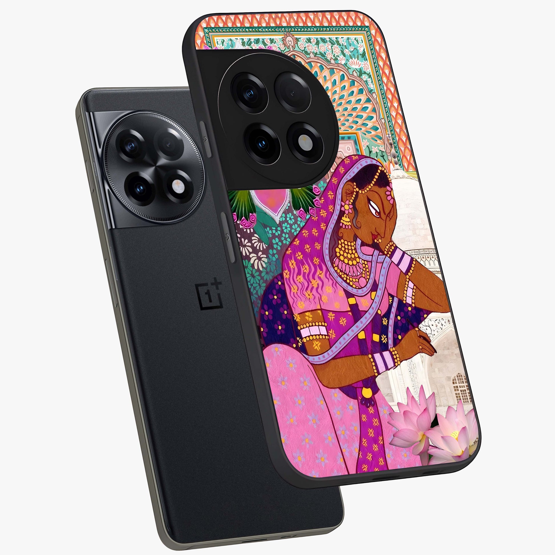 Royal Lotus Muse Glass Case for 1+11R angled mockup showcasing glossy finish and refined floral tones