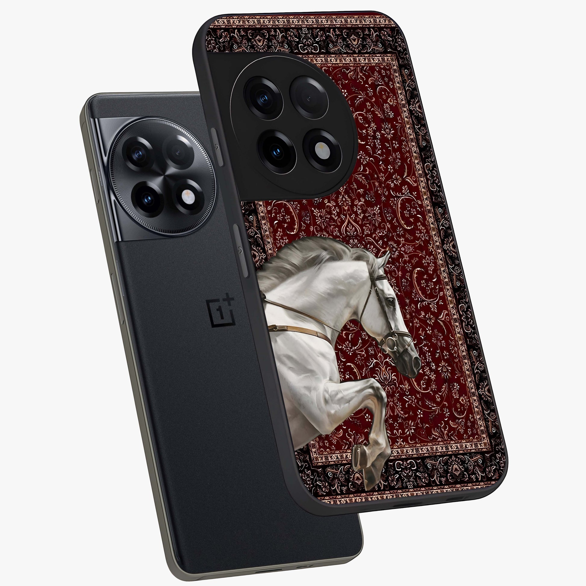 Royal Rider Tapestry Glass Case for 1+11R angled mockup showcasing glossy finish and heritage inspired detailing