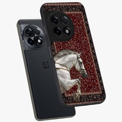 Royal Rider Tapestry Glass Case for 1+11R angled mockup showcasing glossy finish and heritage inspired detailing