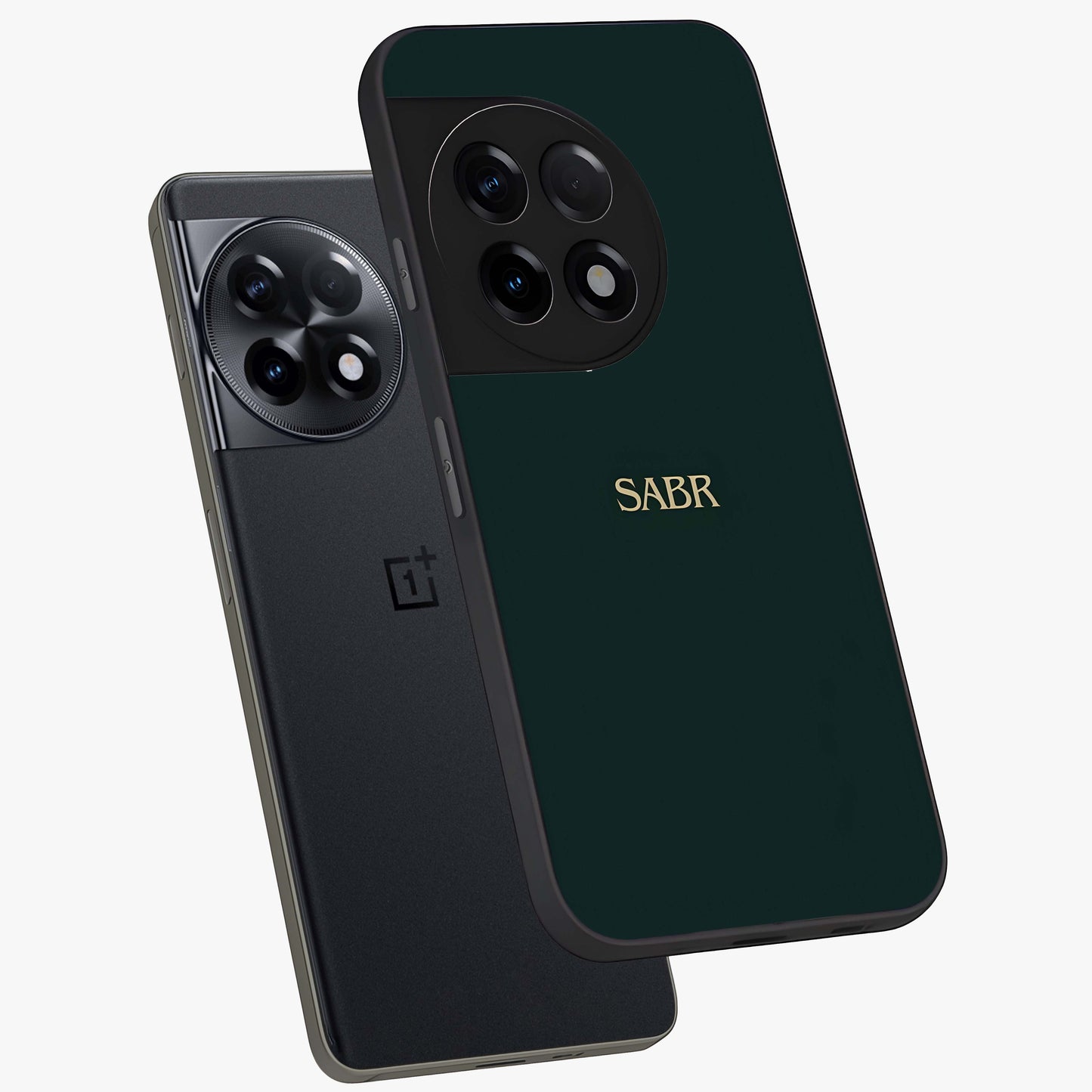 Sabr Minimal Patience Glass Case for 1+11R angled mockup showcasing glossy finish and subtle modern tones