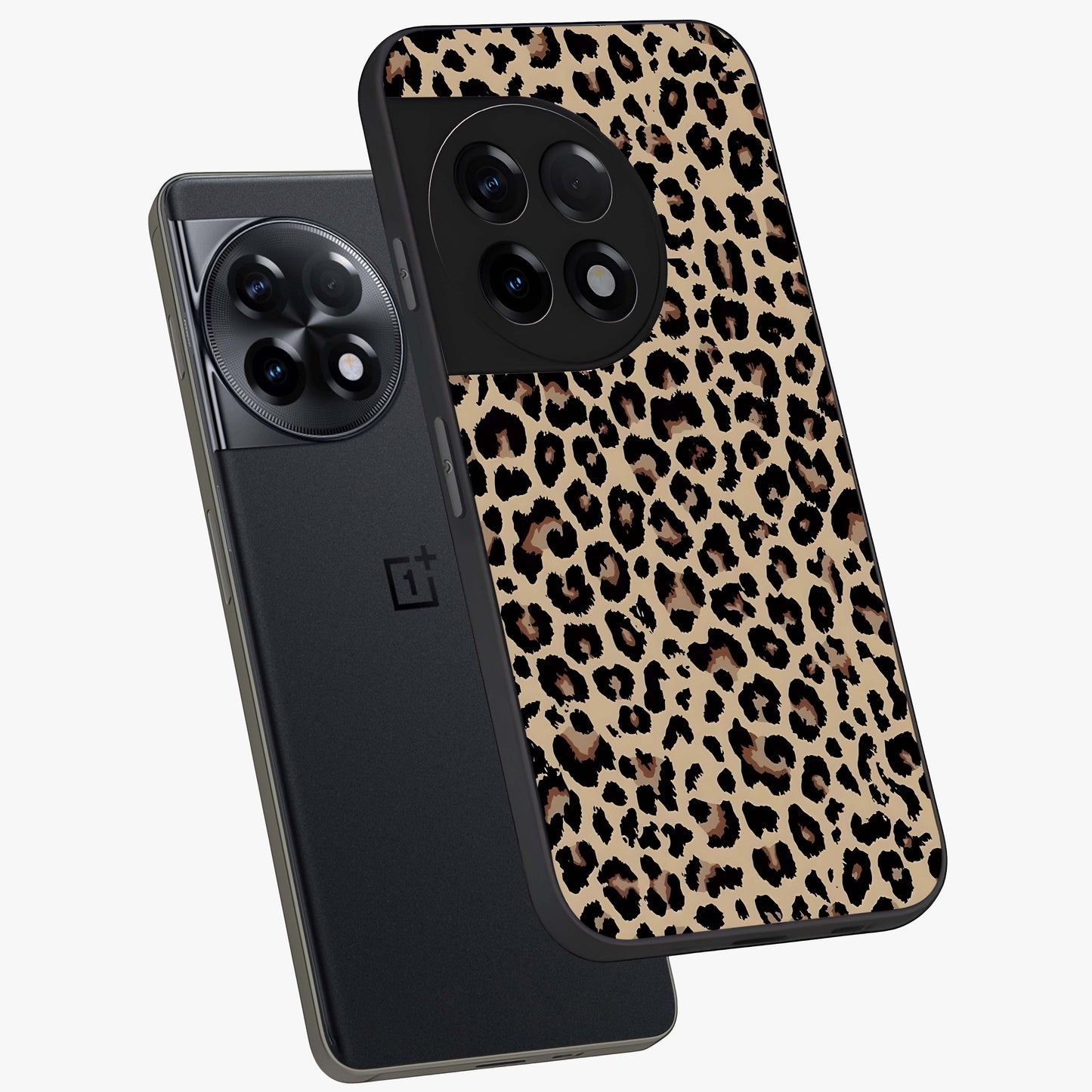Savage Chic Pattern Glass Case for 1+11R angled mockup showcasing glossy finish and modern graphic detailing