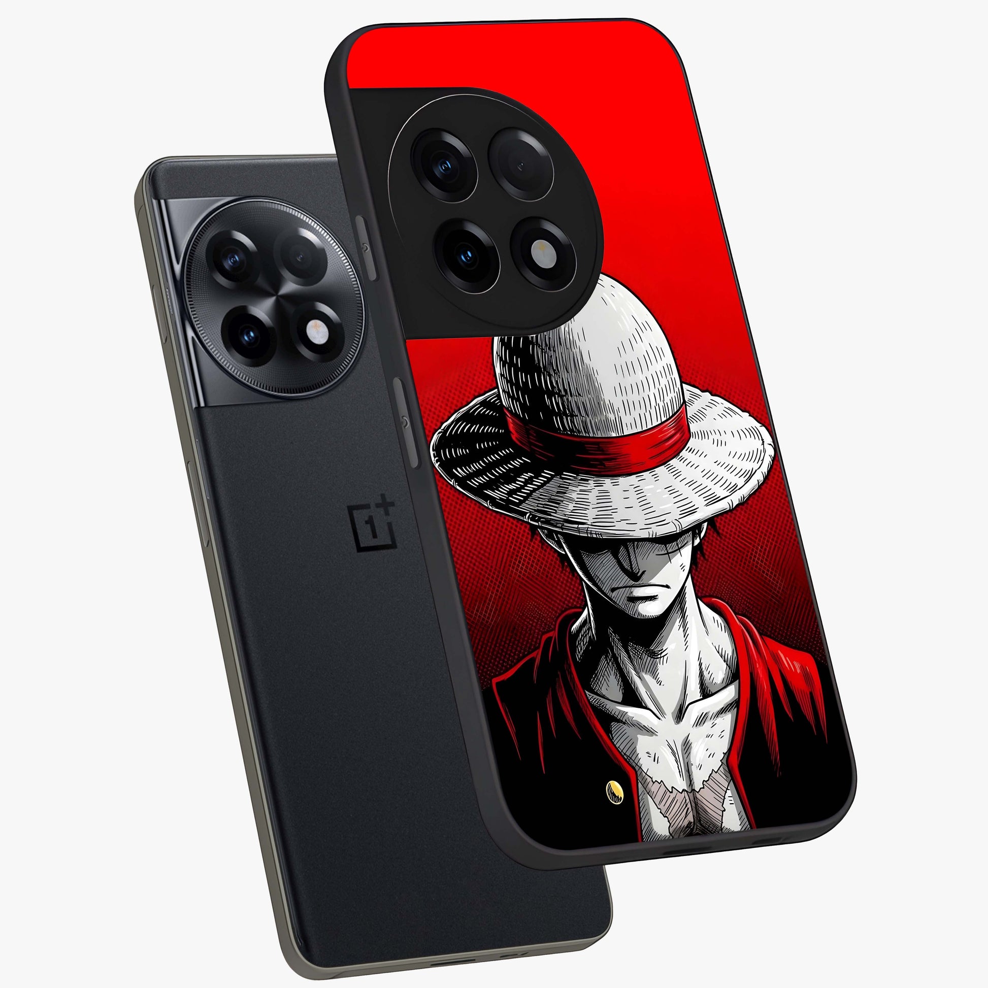 Scarlet Pirate Resolve Glass Case for 1+11R angled mockup showcasing glossy finish and dramatic adventurous tones