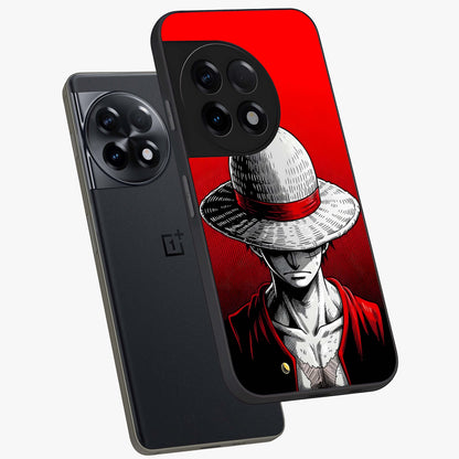 Scarlet Pirate Resolve Glass Case for 1+11R angled mockup showcasing glossy finish and dramatic adventurous tones