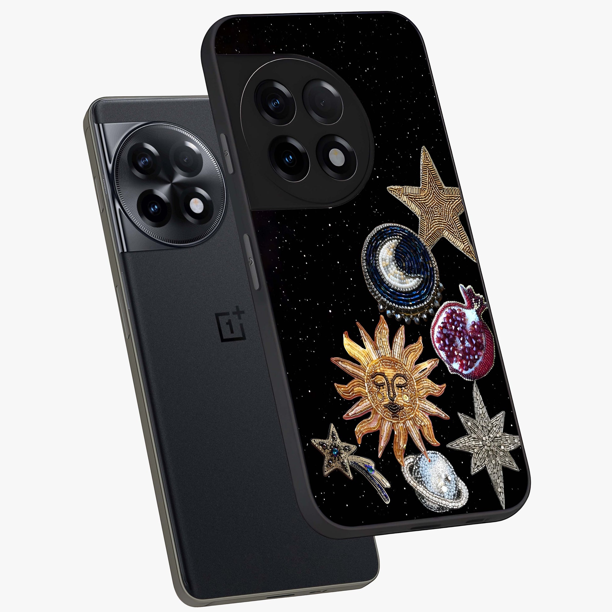 Scarlet Sky Flight Glass Case for 1+11R angled mockup showcasing glossy glass finish and vibrant sunset gradients