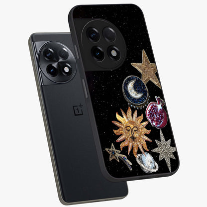 Scarlet Sky Flight Glass Case for 1+11R angled mockup showcasing glossy glass finish and vibrant sunset gradients