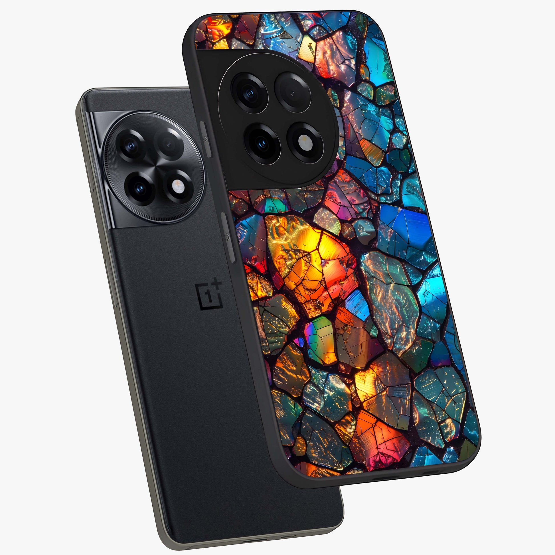 Shattered Light Glass Case for 1+11R angled mockup showcasing glossy finish and high contrast detailing