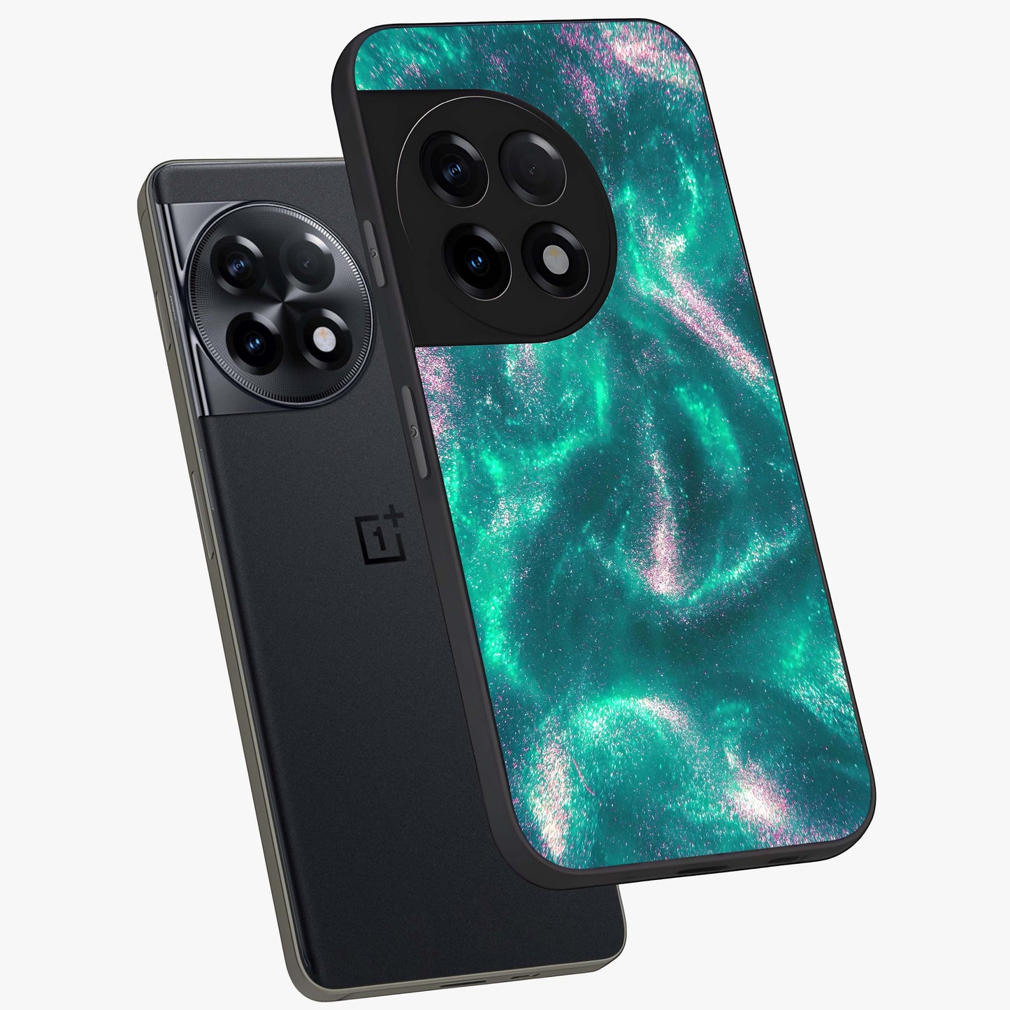 Shimmering Nebula Waves Glass Case for 1+11R angled mockup showcasing glossy finish and deep space gradients
