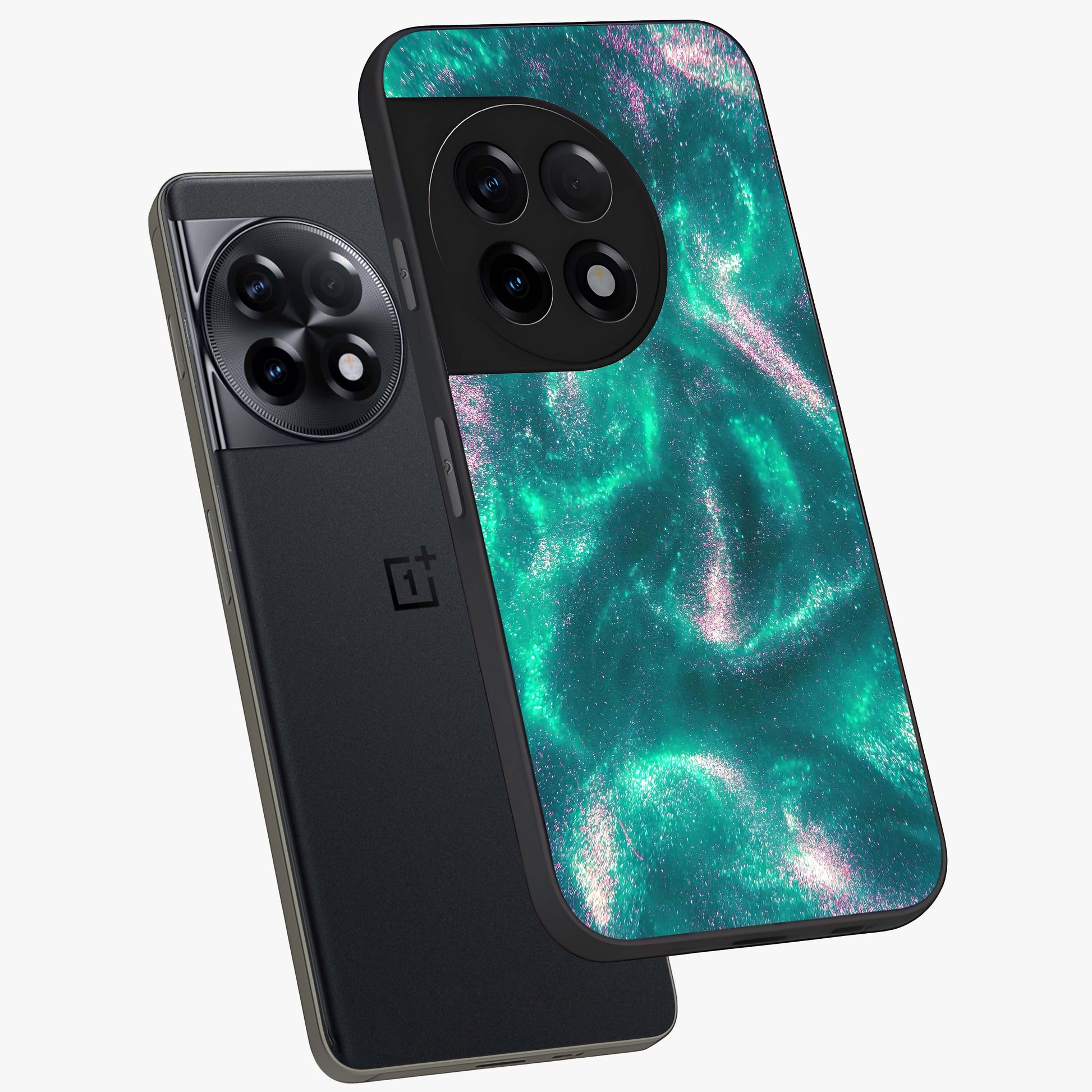 Shimmering Nebula Waves Glass Case for 1+11R angled mockup showcasing glossy finish and deep space gradients