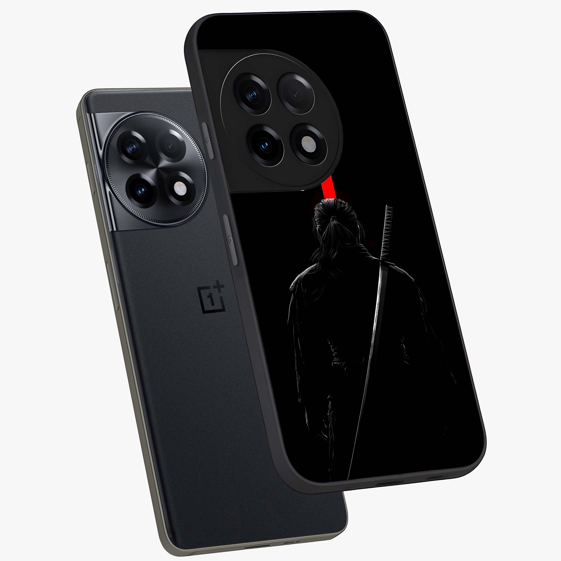 Silent Blade Resolve Glass Case for 1+11R angled mockup showcasing glossy finish and dramatic shadow detailing