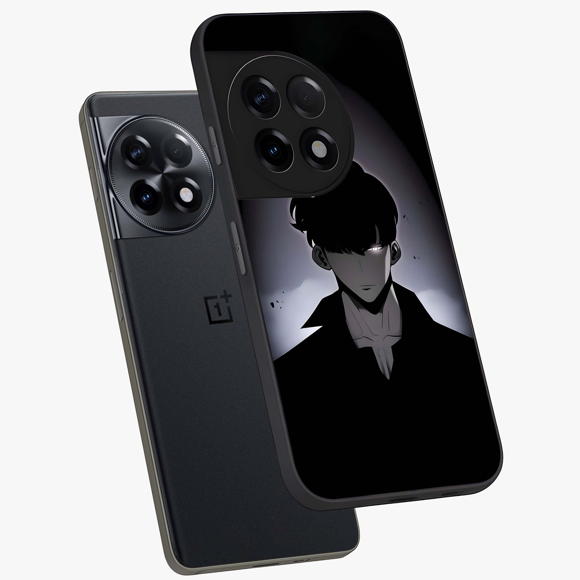 Silent Shadow Awakening Glass Case for 1+11R angled mockup showcasing glossy finish and dramatic shadow detailing