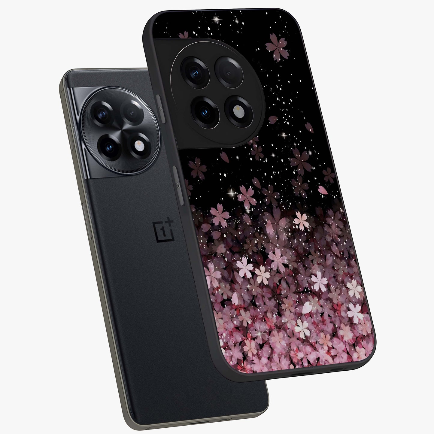 Small Starry Flowers Glass Case for 1+11R angled mockup showcasing glossy finish and soft pastel tones