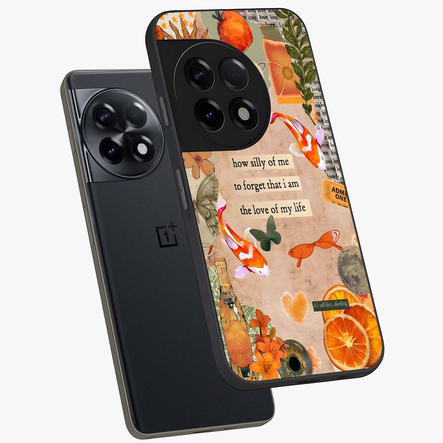Soft Chaos Aesthetic Glass Case for 1+11R angled mockup showcasing glossy glass finish and blended gradient detailing