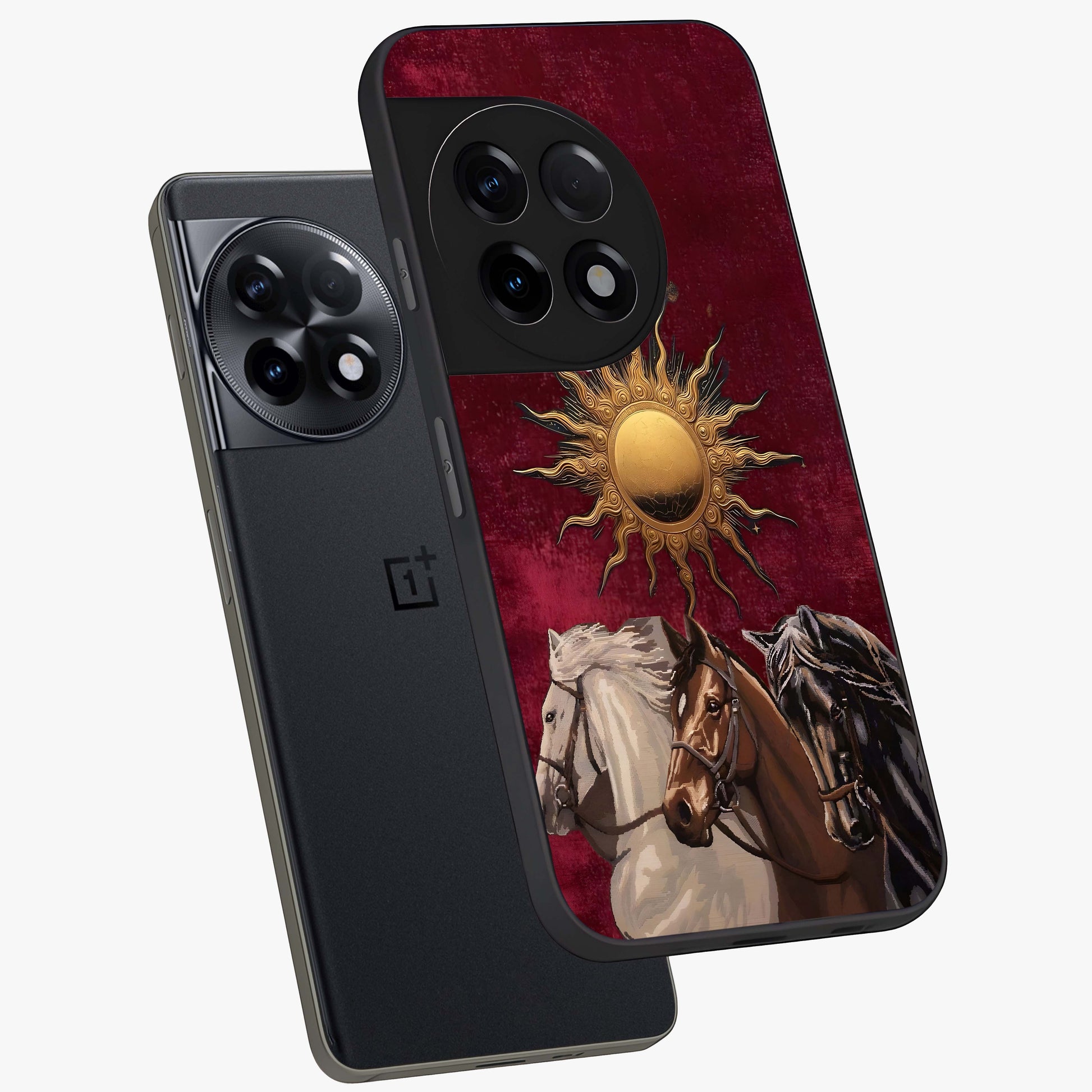 Solar Riders Glass Case for 1+11R angled mockup showcasing glossy finish and vibrant sunset gradients