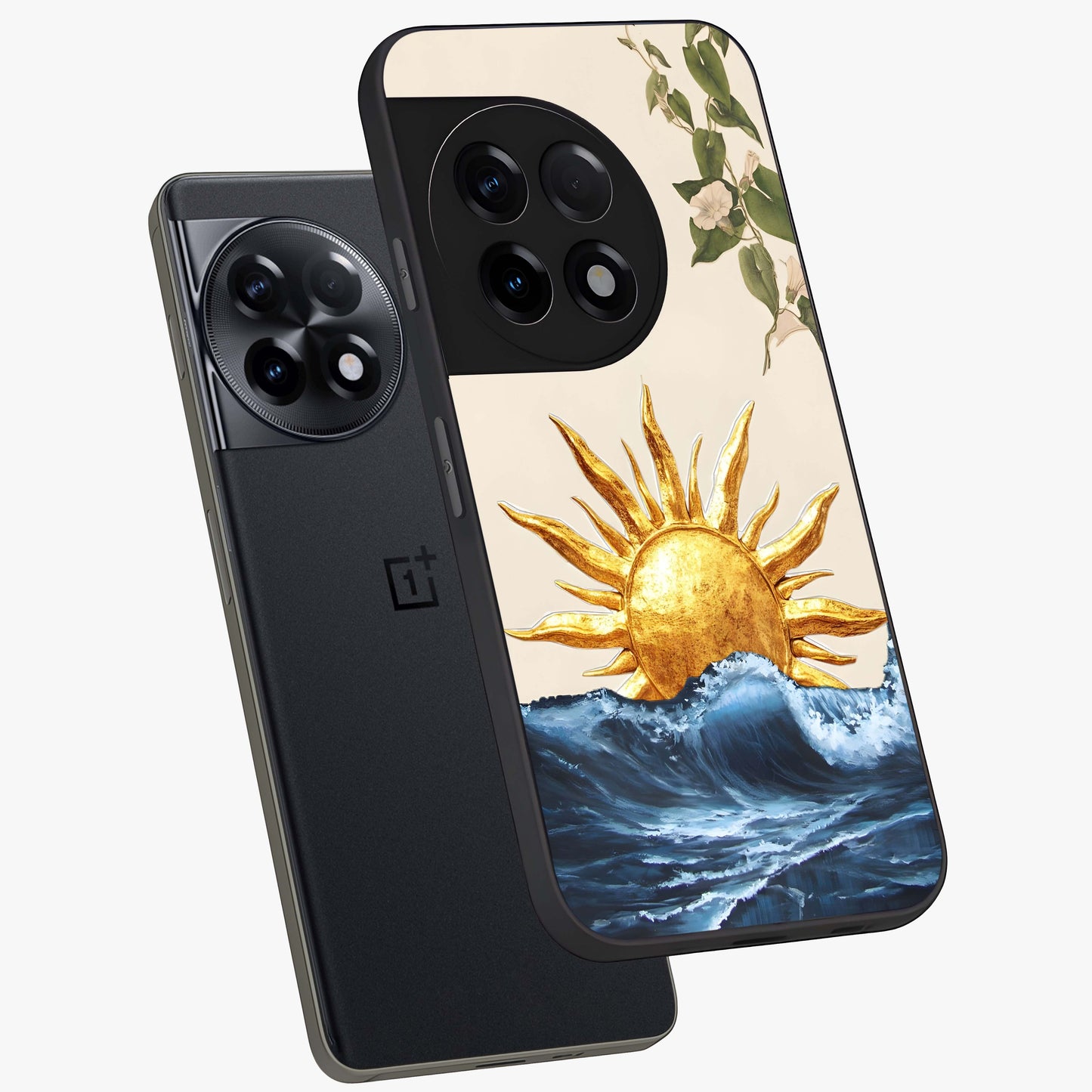 Solar Wave Bloom Glass Case for 1+11R angled mockup showcasing glossy finish and warm luminous tones