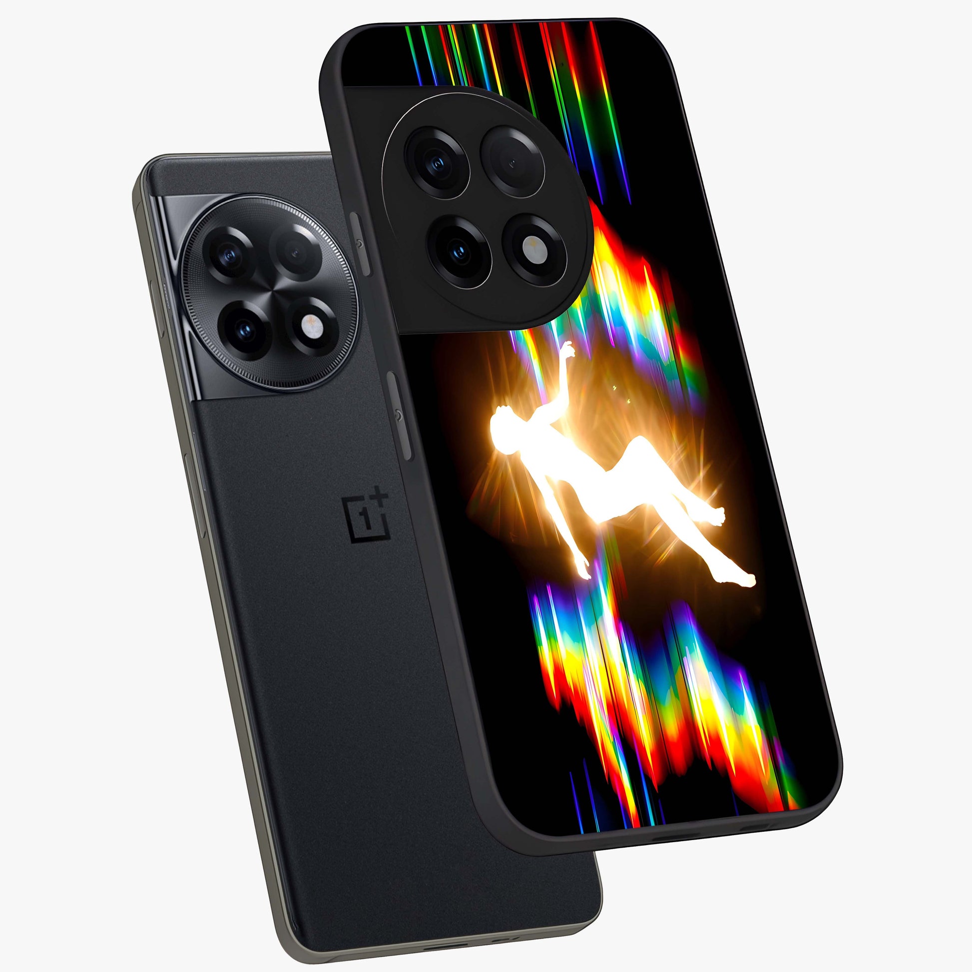 Soul in Spectrum Glass Case for 1+11R angled mockup showcasing glossy finish and vibrant gradient detailing
