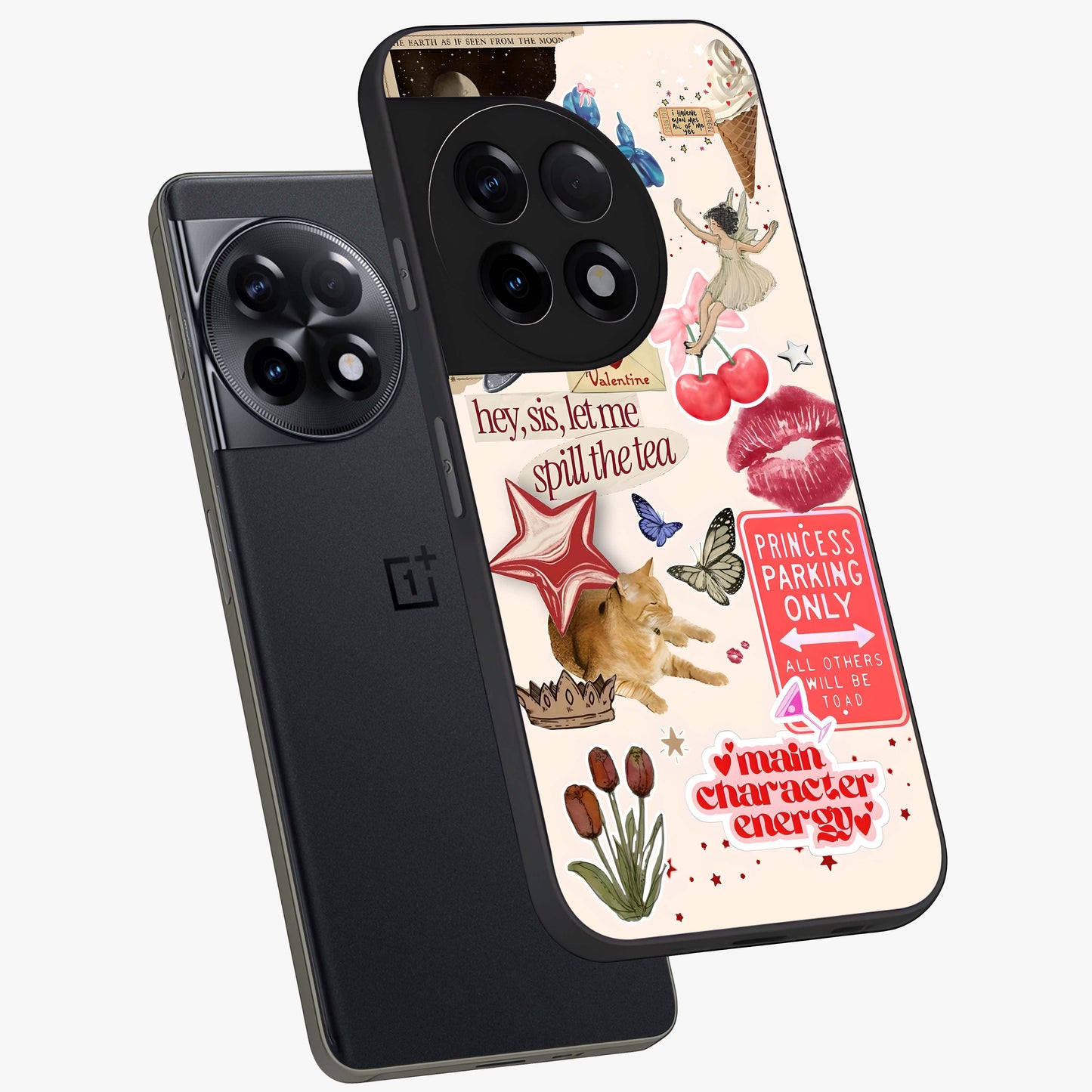 Spill the Tea Retro Collage Glass Case for 1+11R angled mockup showcasing glossy finish and bold retro detailing